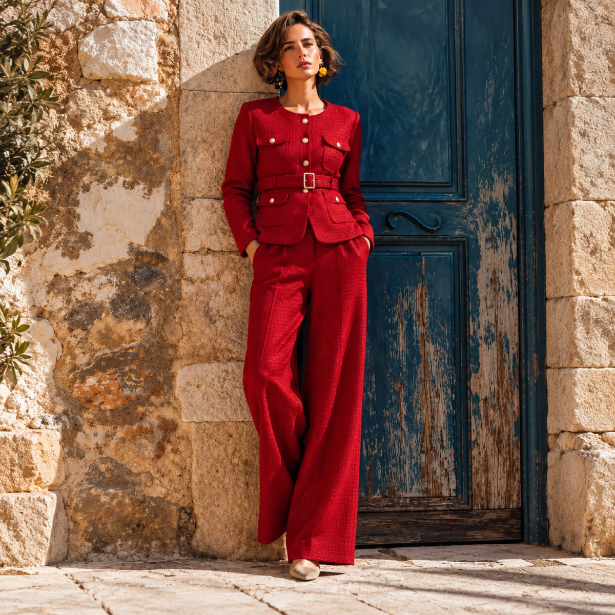 Scarlett Red Belted Tweed Jacket