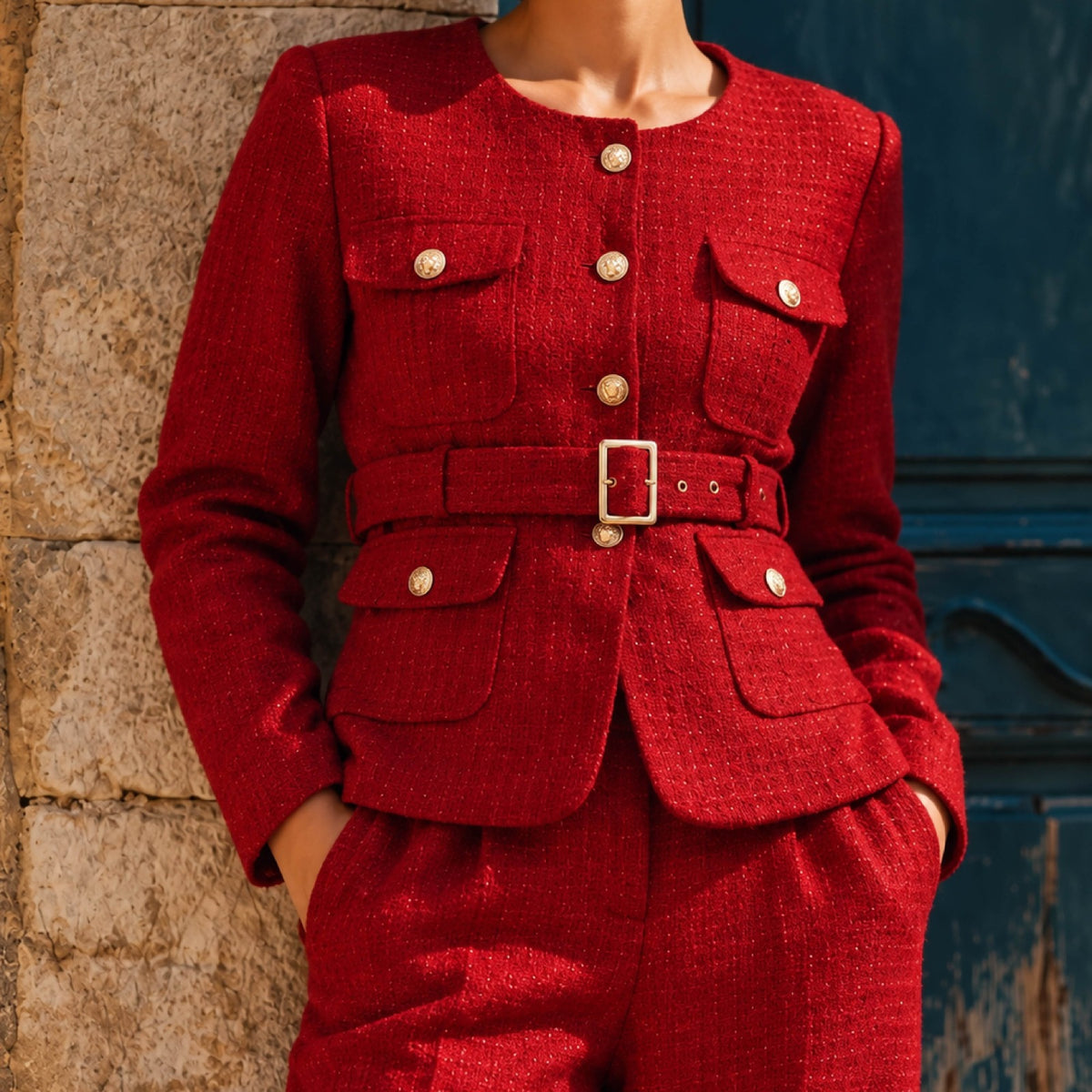 Scarlett Red Belted Tweed Jacket