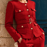 Scarlett Red Belted Tweed Jacket thumbnail 4